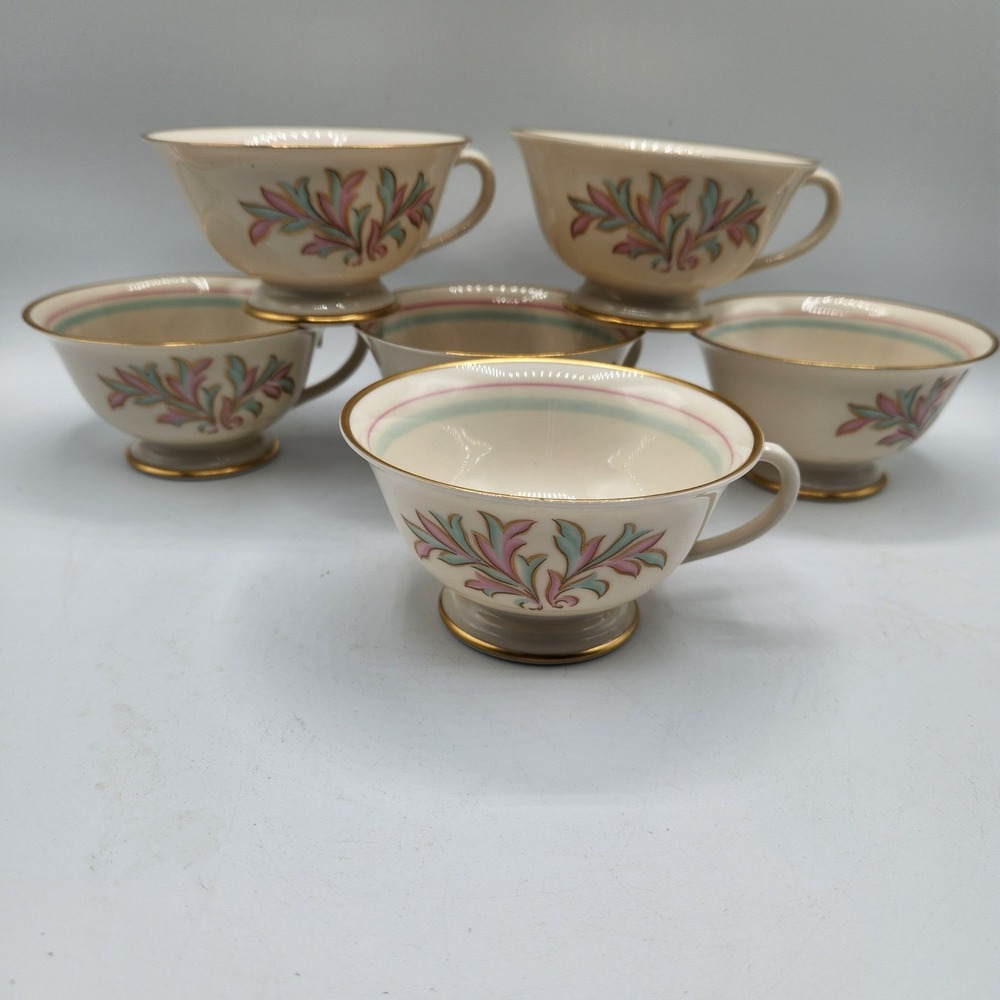 6 Franciscan Rossmore Tea Cups Vintage Footed Porcelain Gold Trim Pink Teal